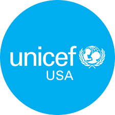 UNICEF USA logo, a blue circle with the words "unicef USA" in white and a