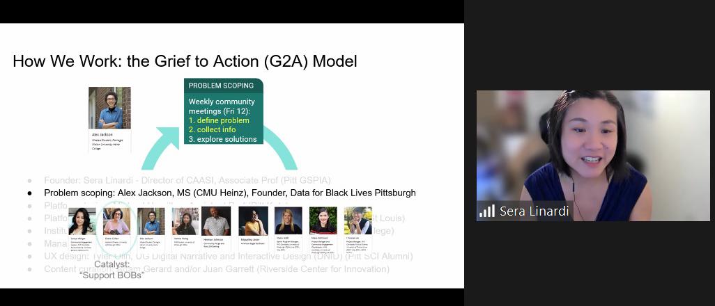 Dr. Sera Linardi discusses the Grief to Action model, which the CAASI team followed to develop 412Connect during the Zoom event Year of Data and Society Conversations: Project 412Connect: Bridging Students and Underrepresented Communities, held Wednesday, Sept. 8.